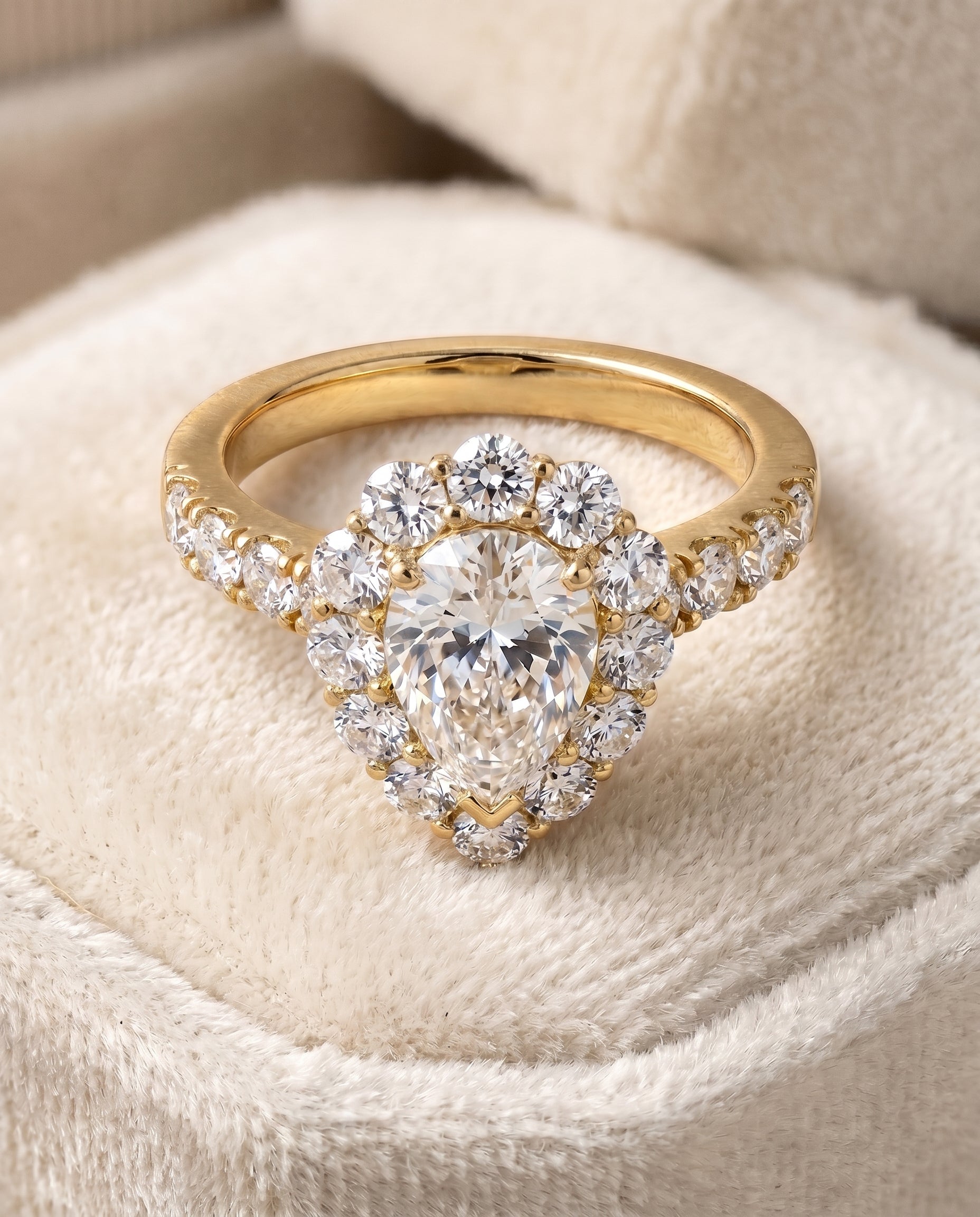 Alannah Select Halo Pear Lab Diamond Engagement Ring in 18K Yellow Gold, detail view | RockHer