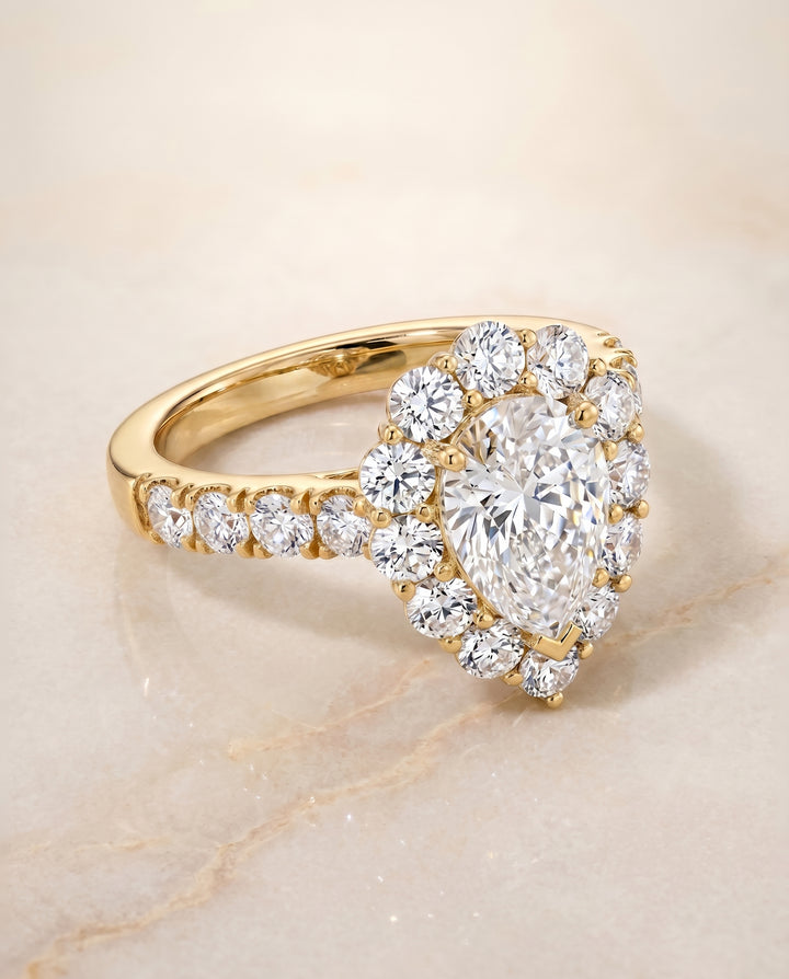 The Alannah Luxe French Pavé Halo Pear Engagement Ring Setting in 18K Yellow Gold