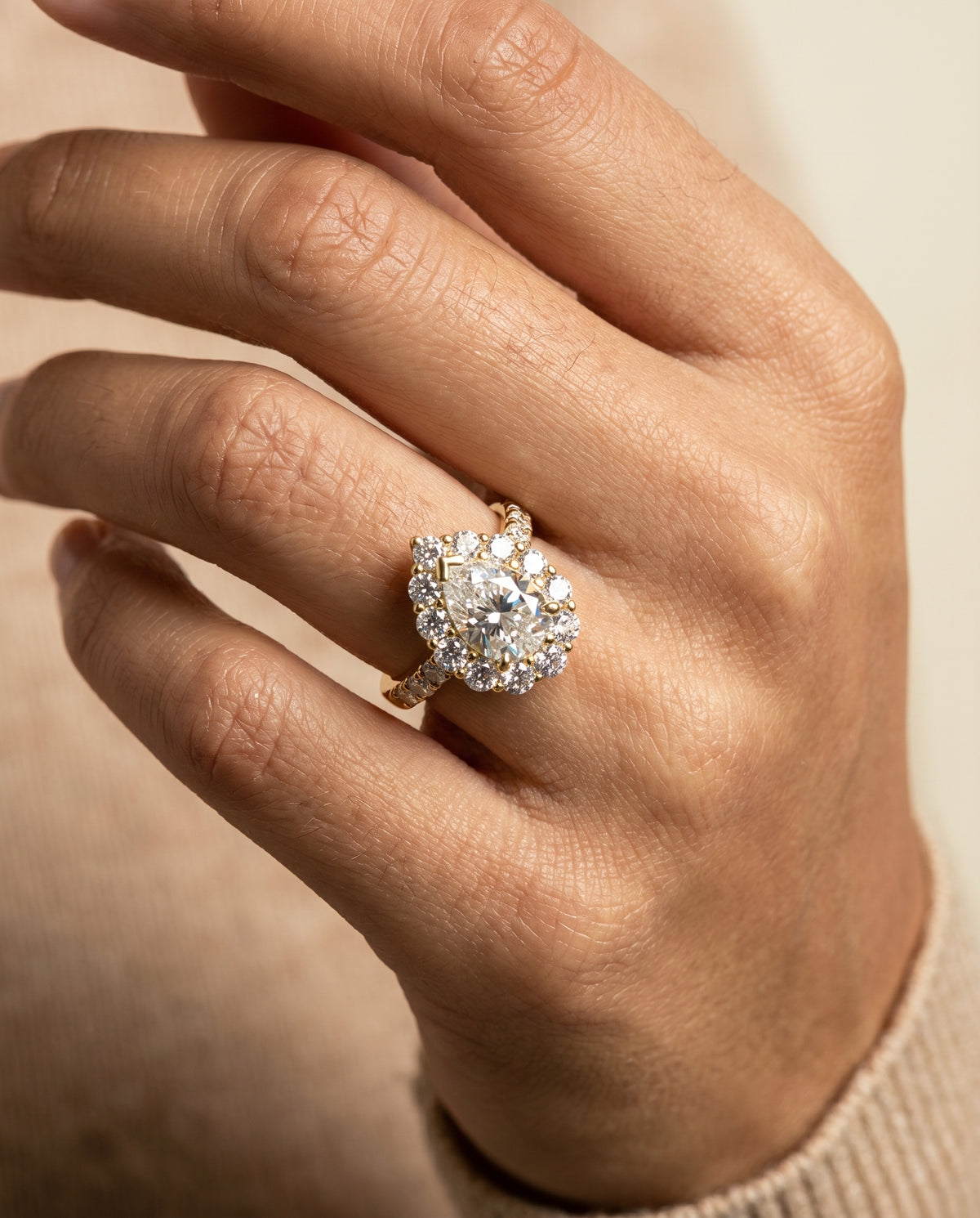 The Alannah engagement ring setting in 18K Yellow Gold, luxe french pavé halo design | RockHer