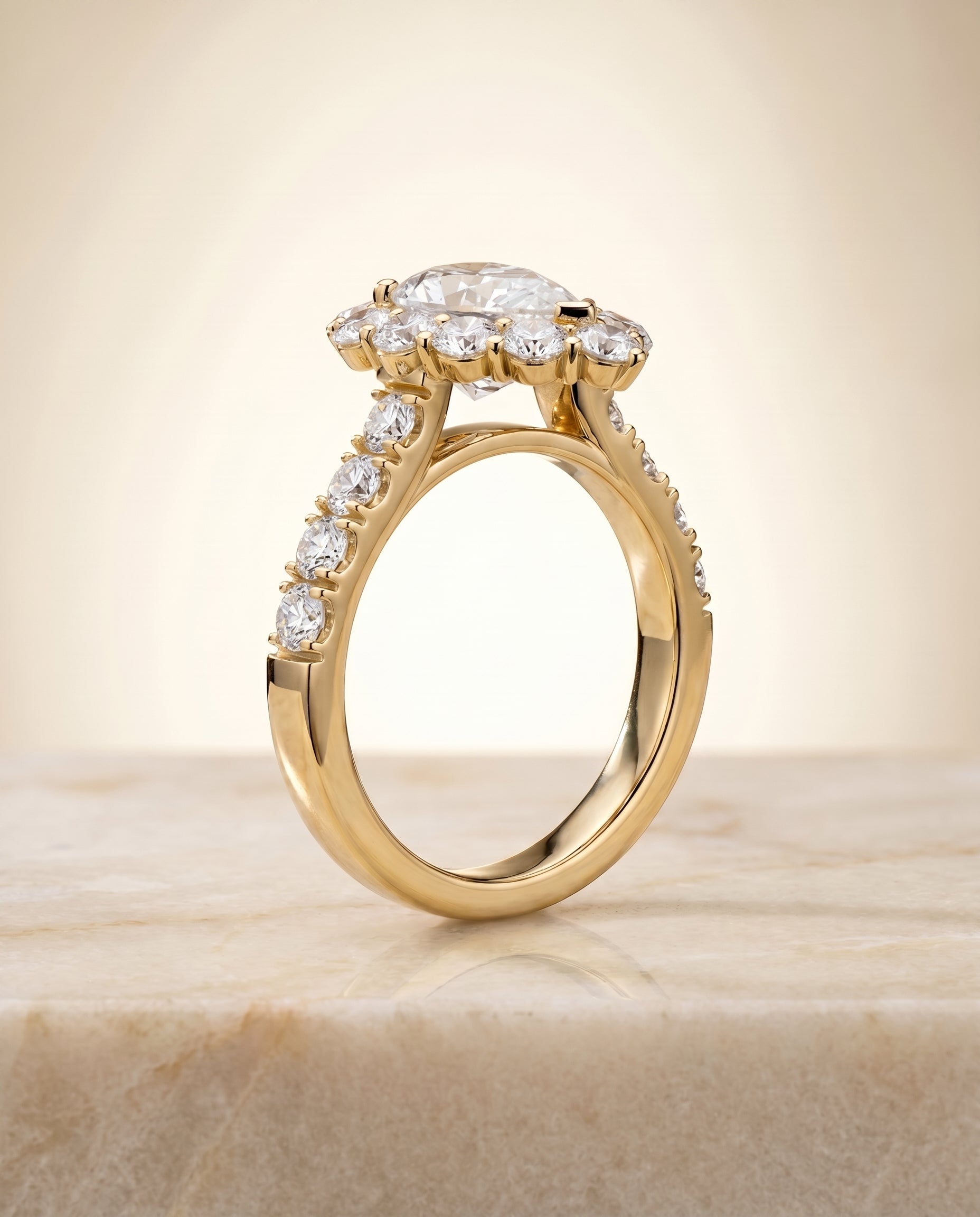Alannah Select Halo Pear Lab Diamond Engagement Ring in 18K Yellow Gold, side view | RockHer