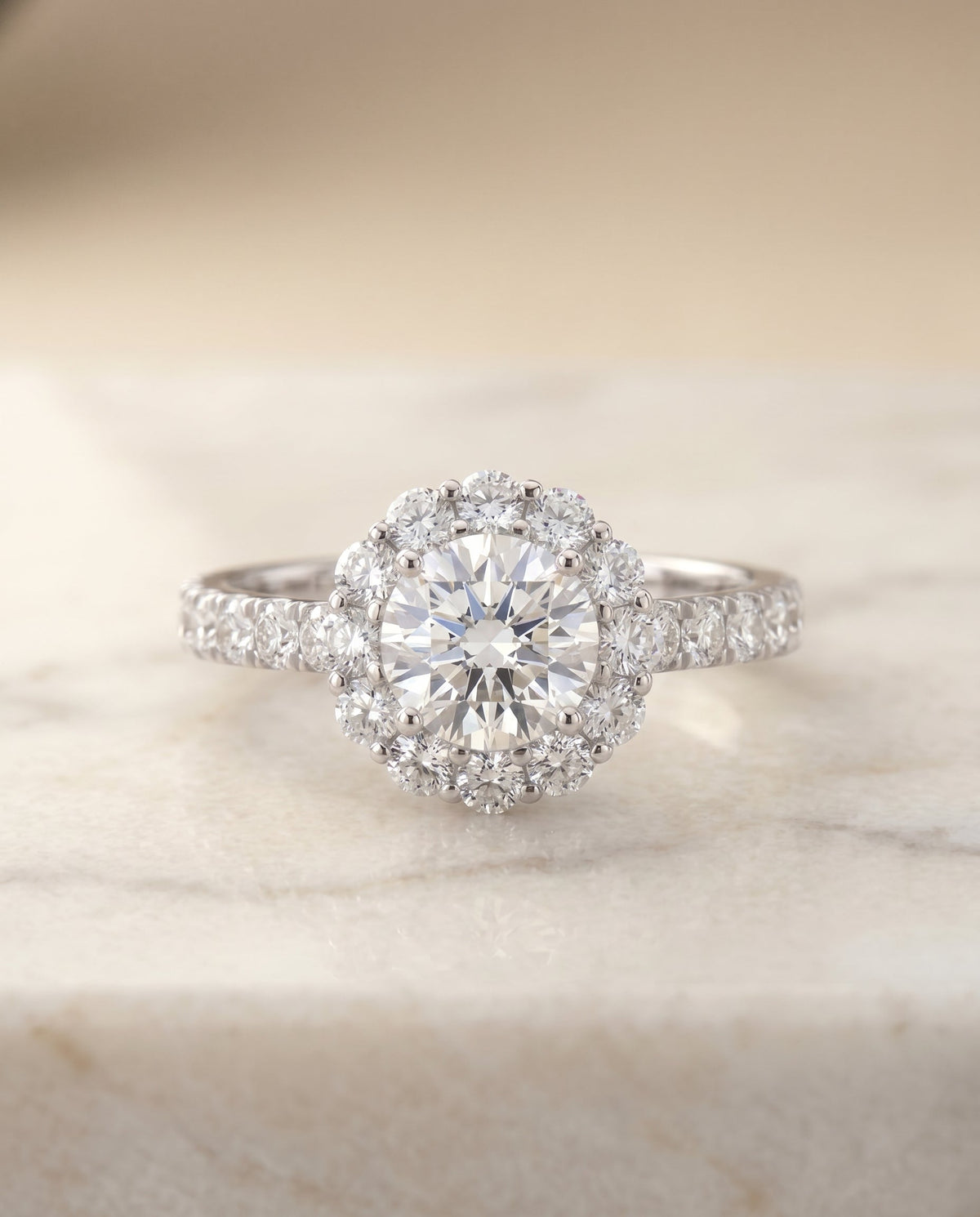 Alannah Select Halo Round Lab Diamond Engagement Ring in 18K White Gold, shown on hand, angled | RockHer