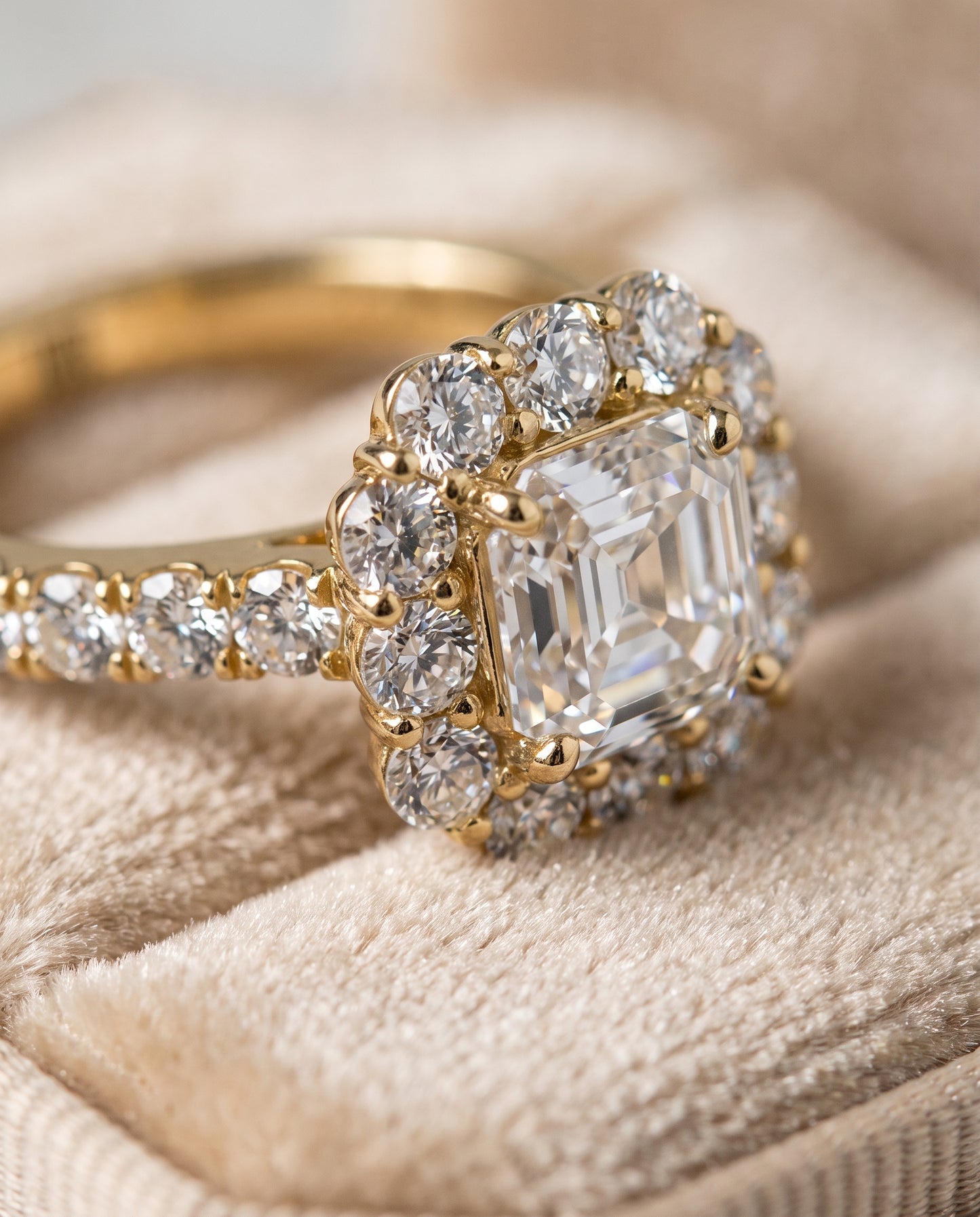 The Alannah Luxe French Pavé Halo Asscher Cut Engagement Ring Setting in 18K Yellow Gold