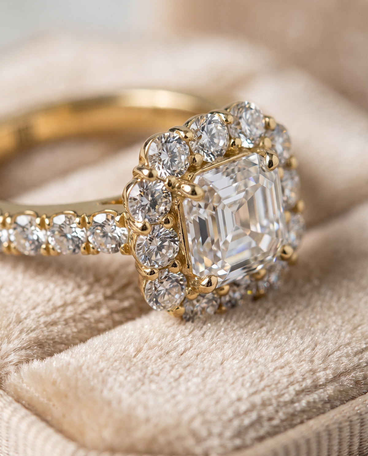 The Alannah Luxe French Pavé Halo Asscher Cut Engagement Ring Setting in 18K Yellow Gold