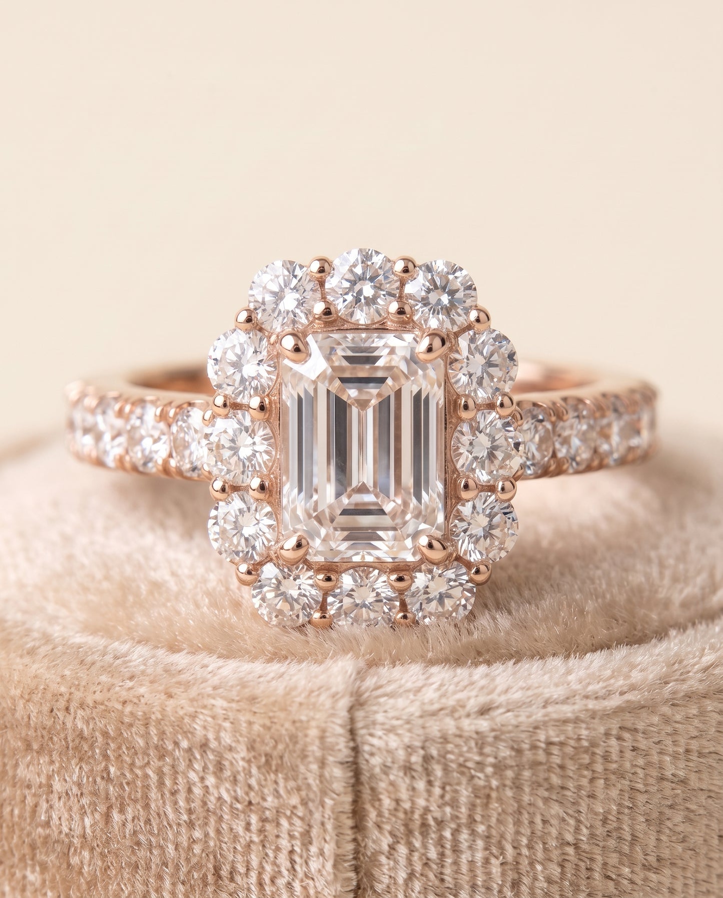 The Alannah Luxe French Pavé Halo Emerald Cut Engagement Ring Setting in 14K Rose Gold