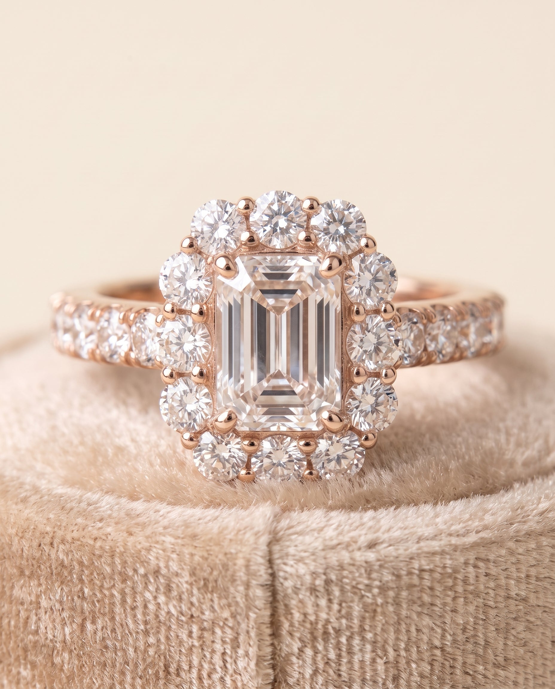 The Alannah Luxe French Pavé Halo Emerald Cut Engagement Ring Setting in 14K Rose Gold