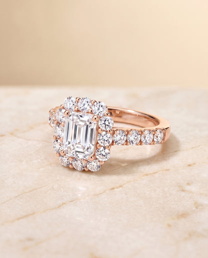 The Alannah Luxe French Pavé Halo Emerald Cut Engagement Ring Setting in 14K Rose Gold