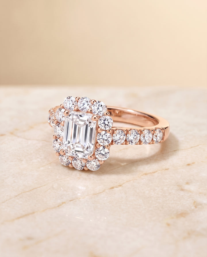 The Alannah Luxe French Pavé Halo Emerald Cut Engagement Ring Setting in 14K Rose Gold