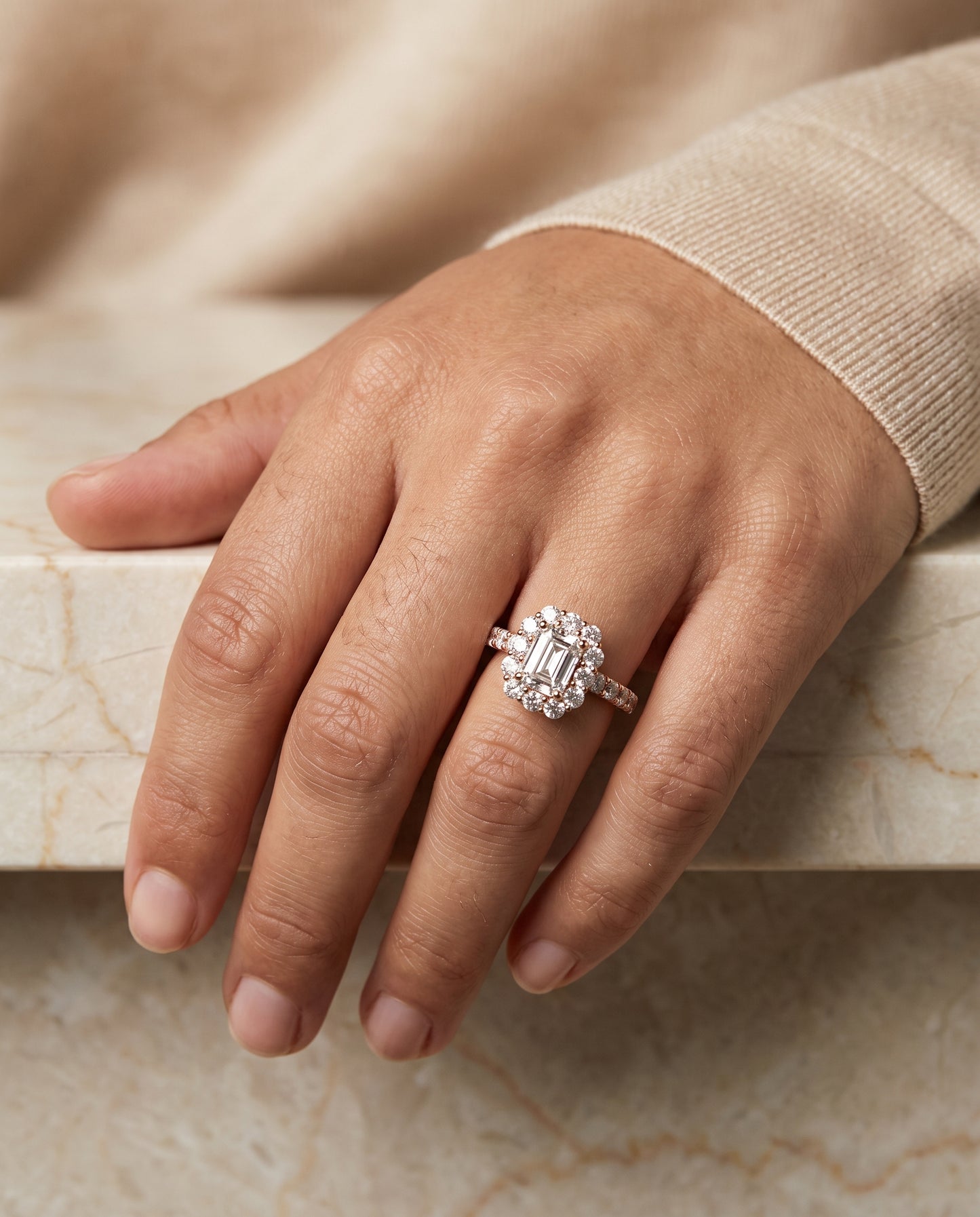 The Alannah Luxe French Pavé Halo Emerald Cut Engagement Ring Setting in 14K Rose Gold