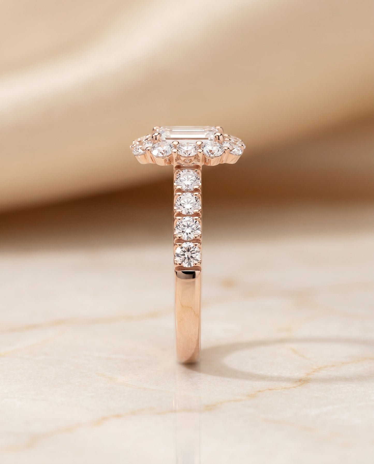 The Alannah Luxe French Pavé Halo Emerald Cut Engagement Ring Setting in 14K Rose Gold