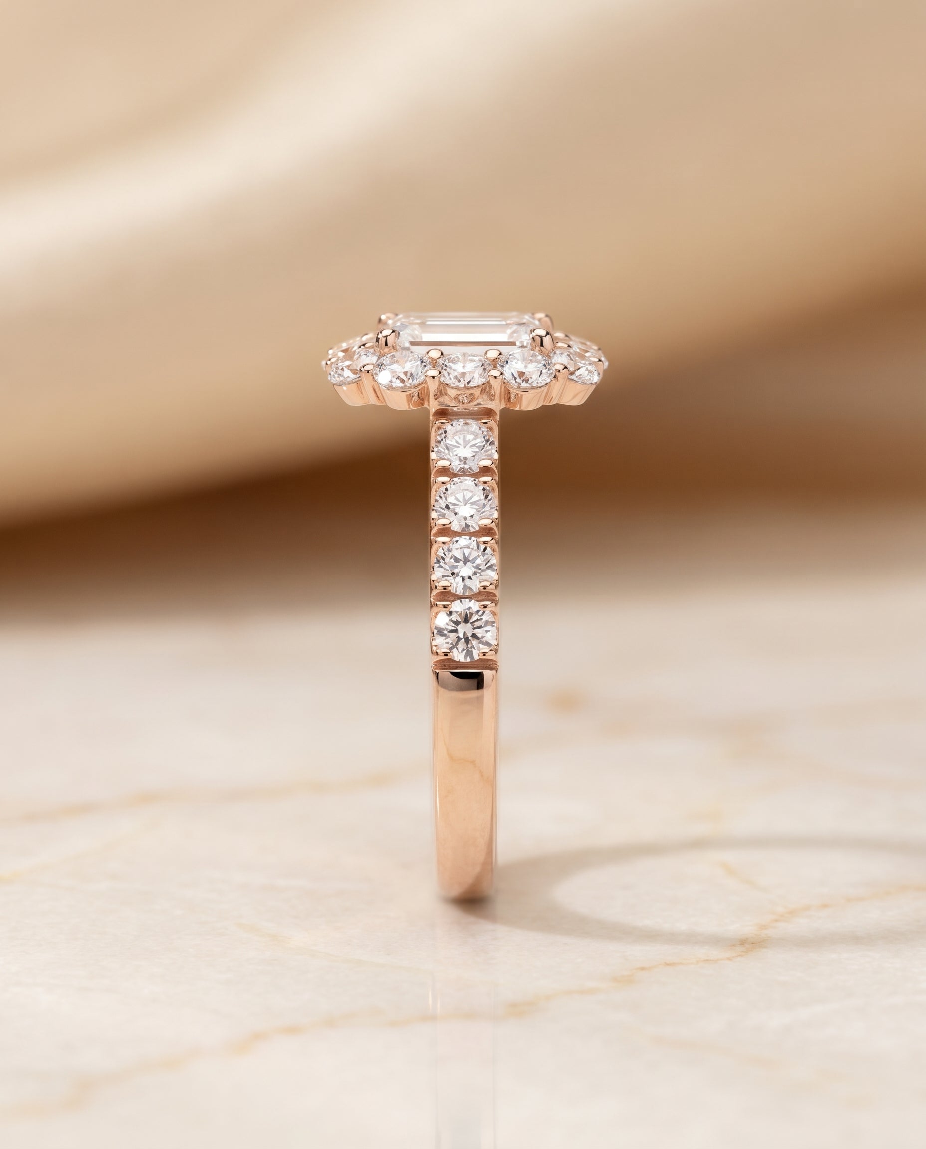 The Alannah Luxe French Pavé Halo Emerald Cut Engagement Ring Setting in 14K Rose Gold