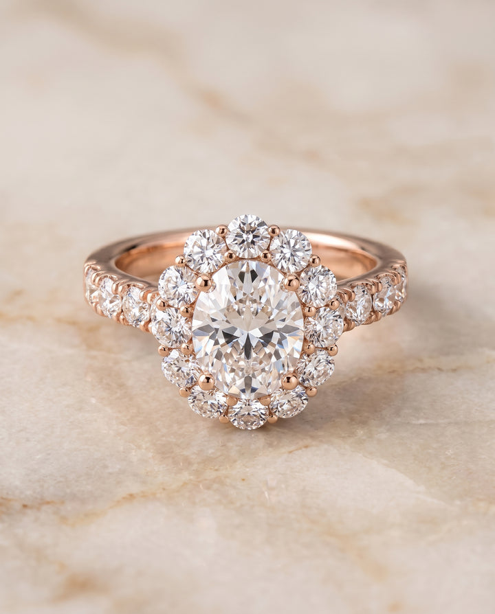 The Alannah Luxe French Pavé Halo Oval Engagement Ring Setting in 14K Rose Gold