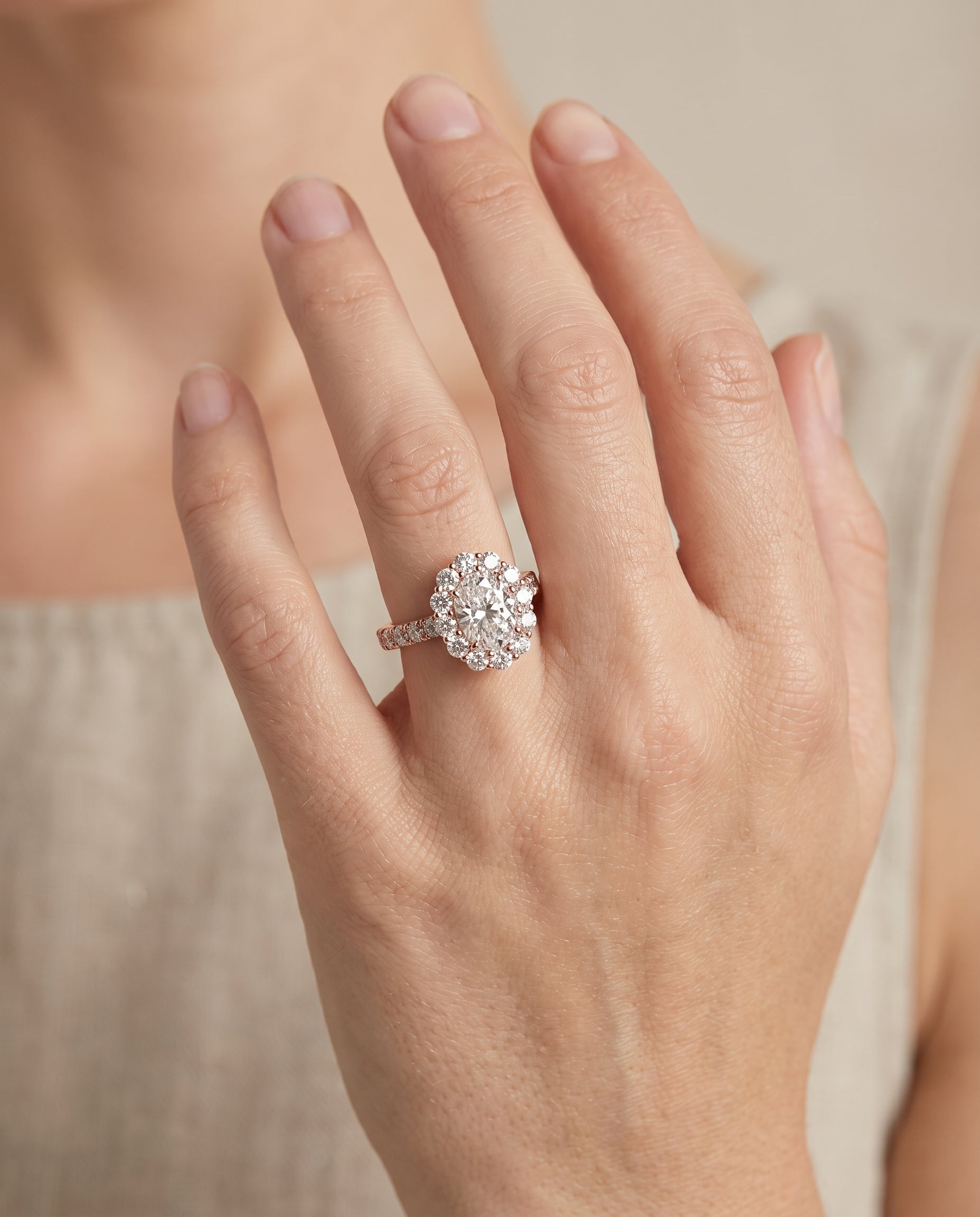 The Alannah engagement ring setting in 14K Rose Gold, luxe french pavé halo design | RockHer