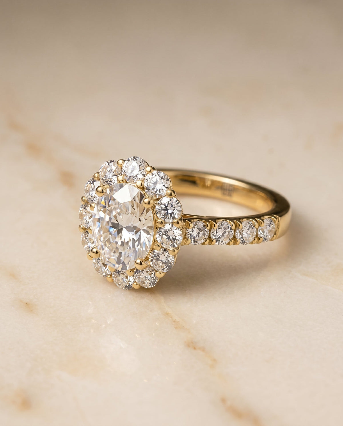 Alannah Select Luxe French Pavé Halo Oval Lab Diamond Engagement Ring in 18K Yellow Gold, alternate angle | RockHer