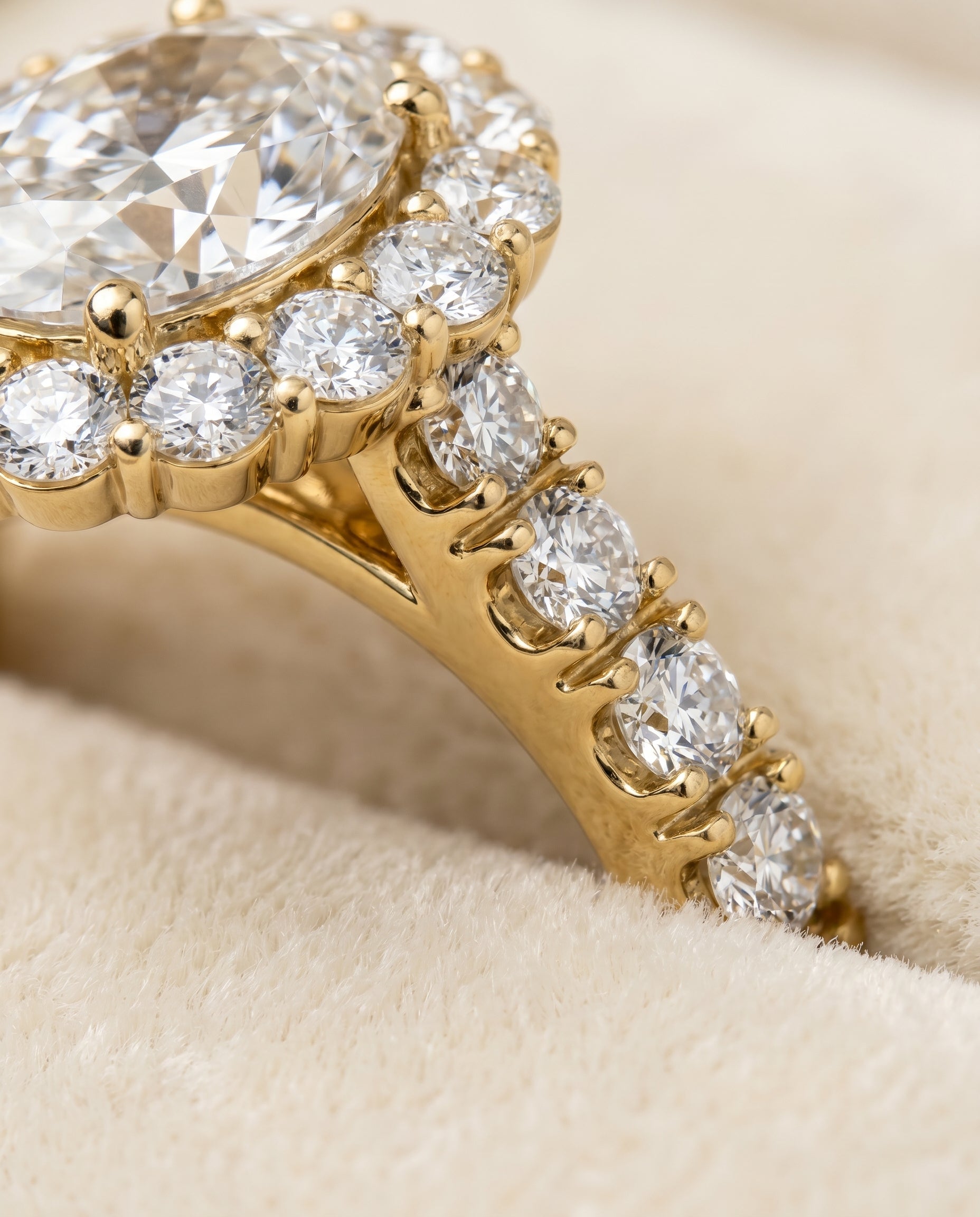 Alannah Select Luxe French Pavé Halo Oval Lab Diamond Engagement Ring in 18K Yellow Gold, detail view | RockHer