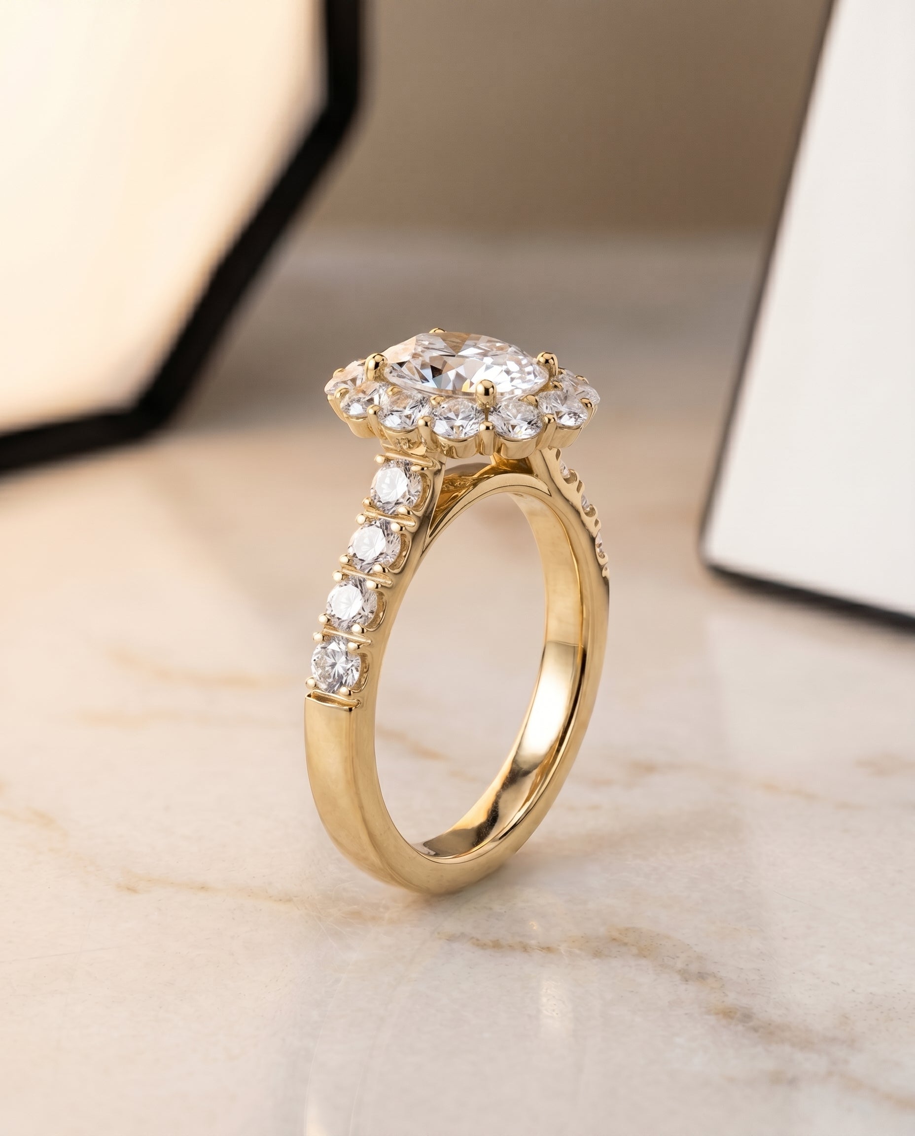 Alannah Select Luxe French Pavé Halo Oval Lab Diamond Engagement Ring in 18K Yellow Gold, front view | RockHer