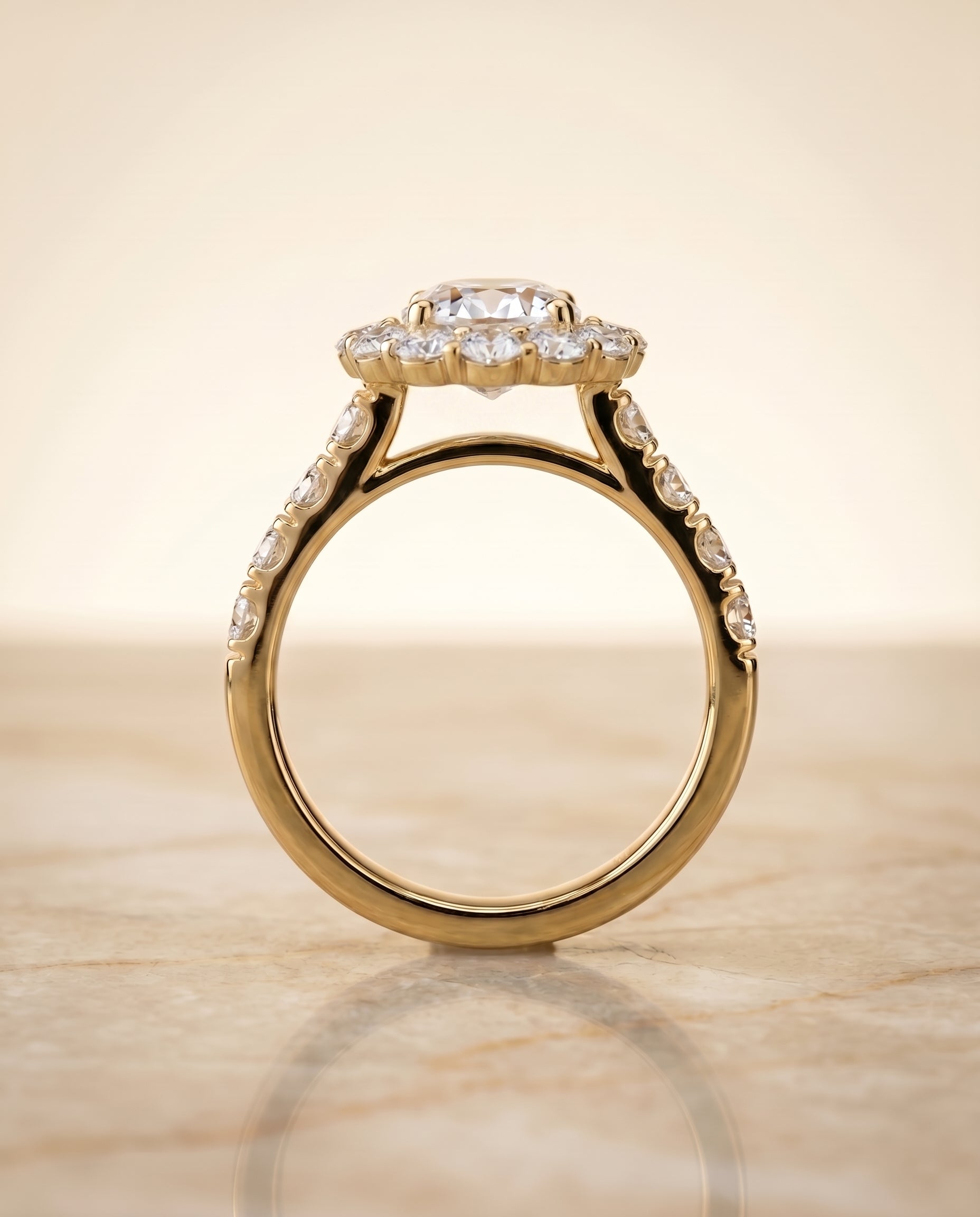 Alannah Select Luxe French Pavé Halo Oval Lab Diamond Engagement Ring in 18K Yellow Gold, side view | RockHer