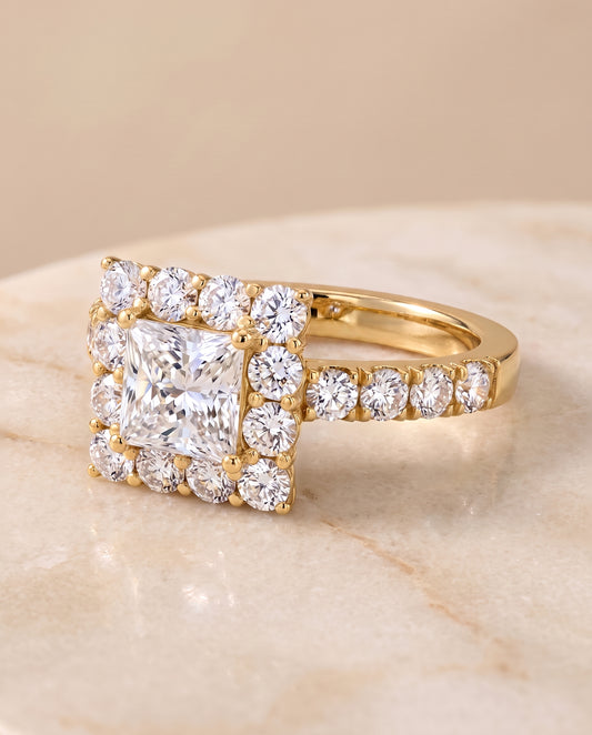 The Alannah Luxe French Pavé Halo Princess Cut Engagement Ring Setting in 18K Yellow Gold