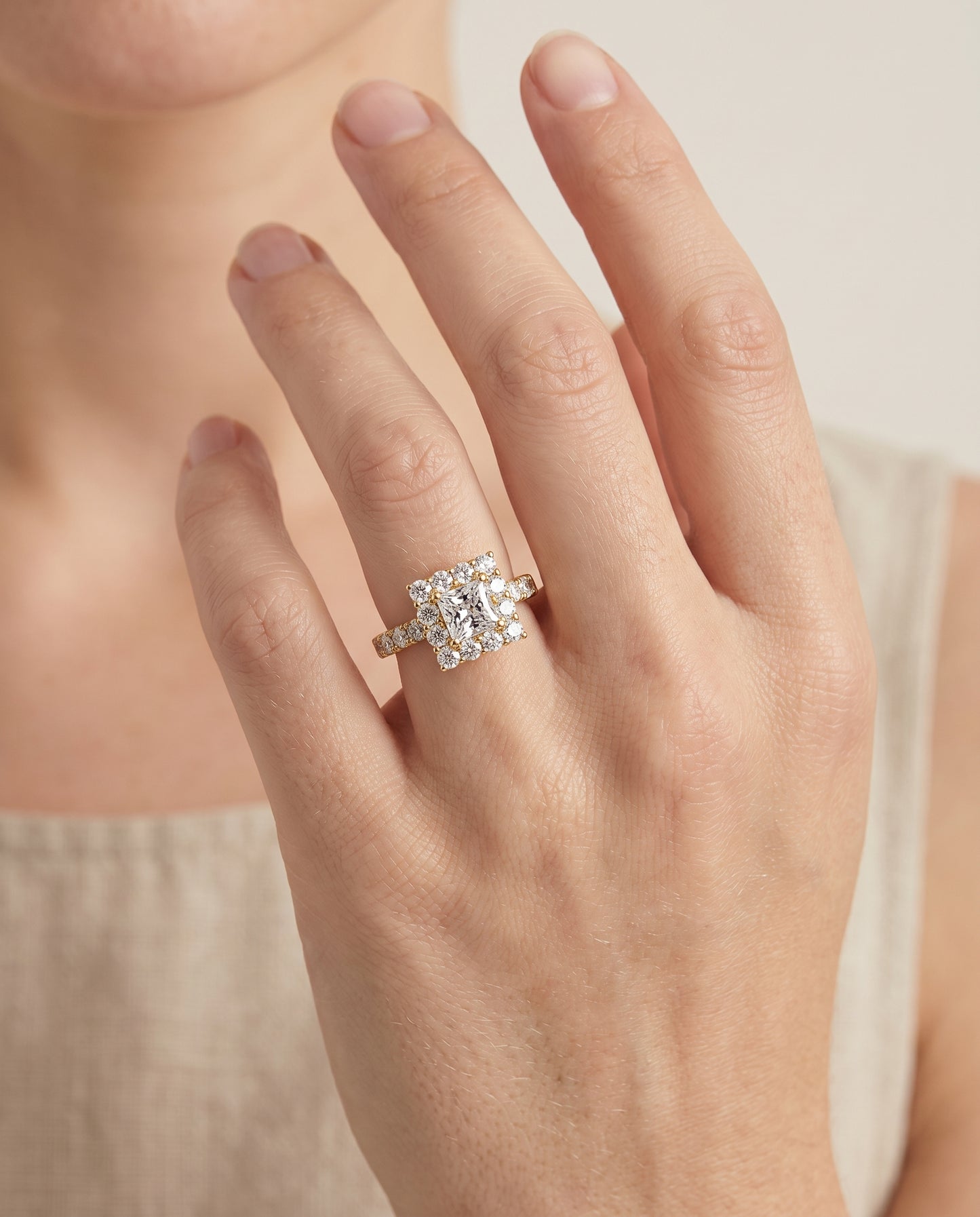 The Alannah Luxe French Pavé Halo Princess Cut Engagement Ring Setting in 18K Yellow Gold