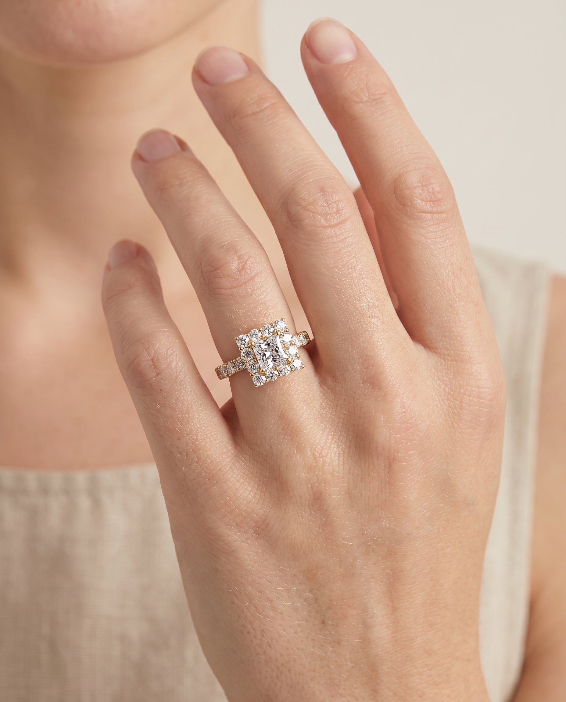 The Alannah engagement ring setting in 18K Yellow Gold, luxe french pavé halo design | RockHer