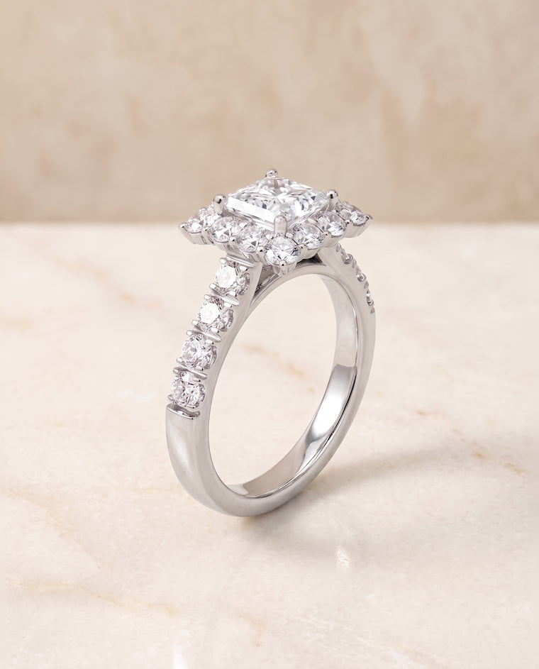 The Alannah Luxe French Pavé Halo Princess Cut Engagement Ring Setting in 18K White Gold