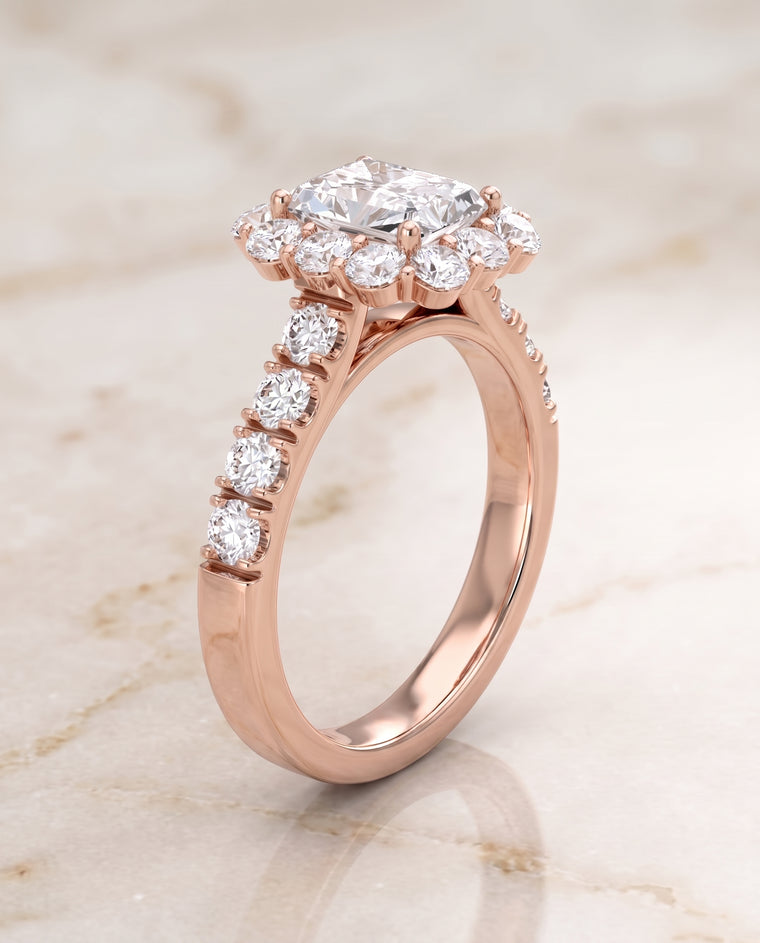 The Alannah Luxe French Pavé Halo Radiant Cut Engagement Ring Setting in 14K Rose Gold