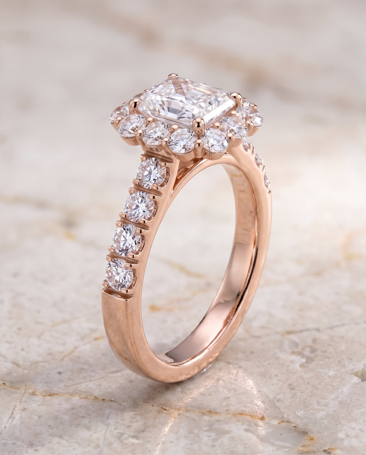 The Alannah Luxe French Pavé Halo Radiant Cut Engagement Ring Setting in 14K Rose Gold