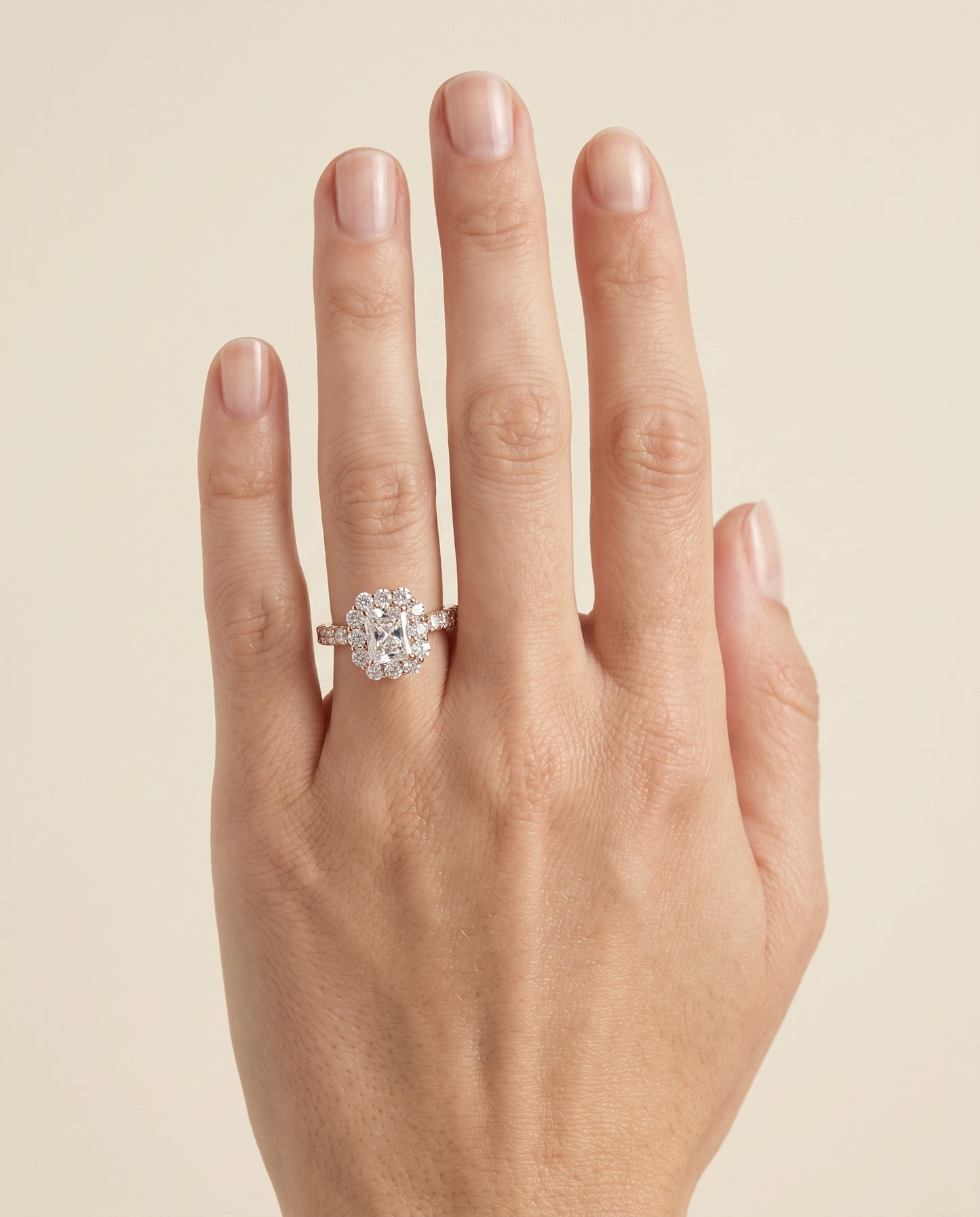 The Alannah Luxe French Pavé Halo Radiant Cut Engagement Ring Setting in 14K Rose Gold