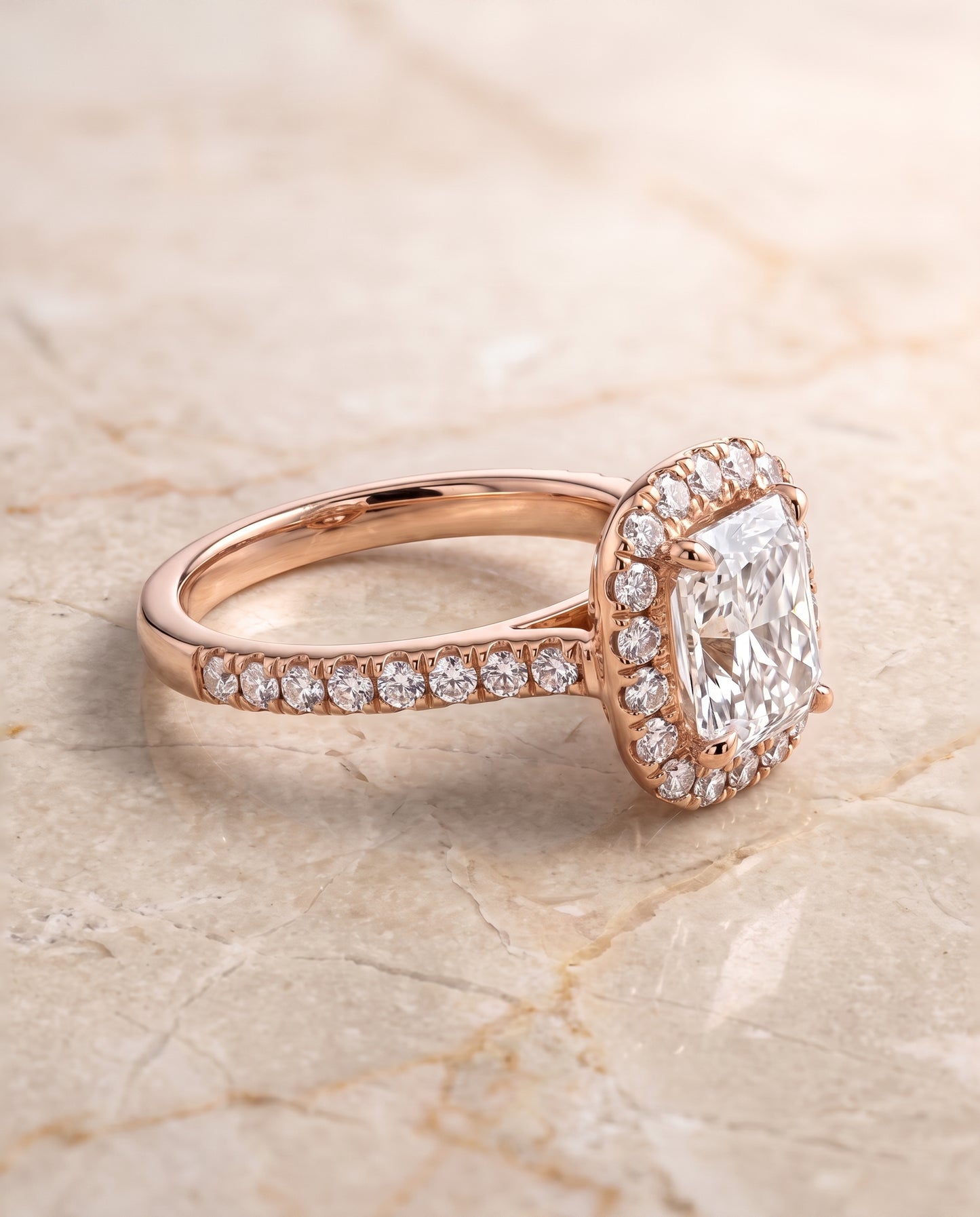 The Alannah Luxe French Pavé Halo Radiant Cut Engagement Ring Setting in 14K Rose Gold