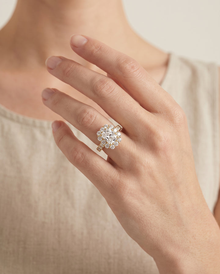 The Alannah Luxe French Pavé Halo Radiant Cut Engagement Ring Setting in 18K Yellow Gold