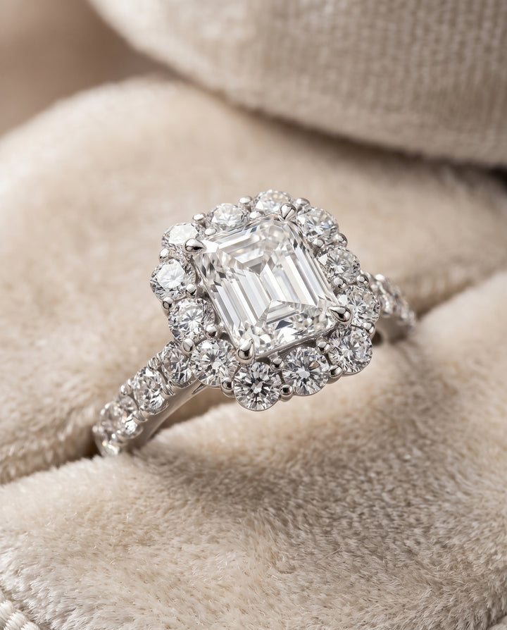 The Alannah Luxe French Pavé Halo Radiant Cut Engagement Ring Setting in 18K White Gold