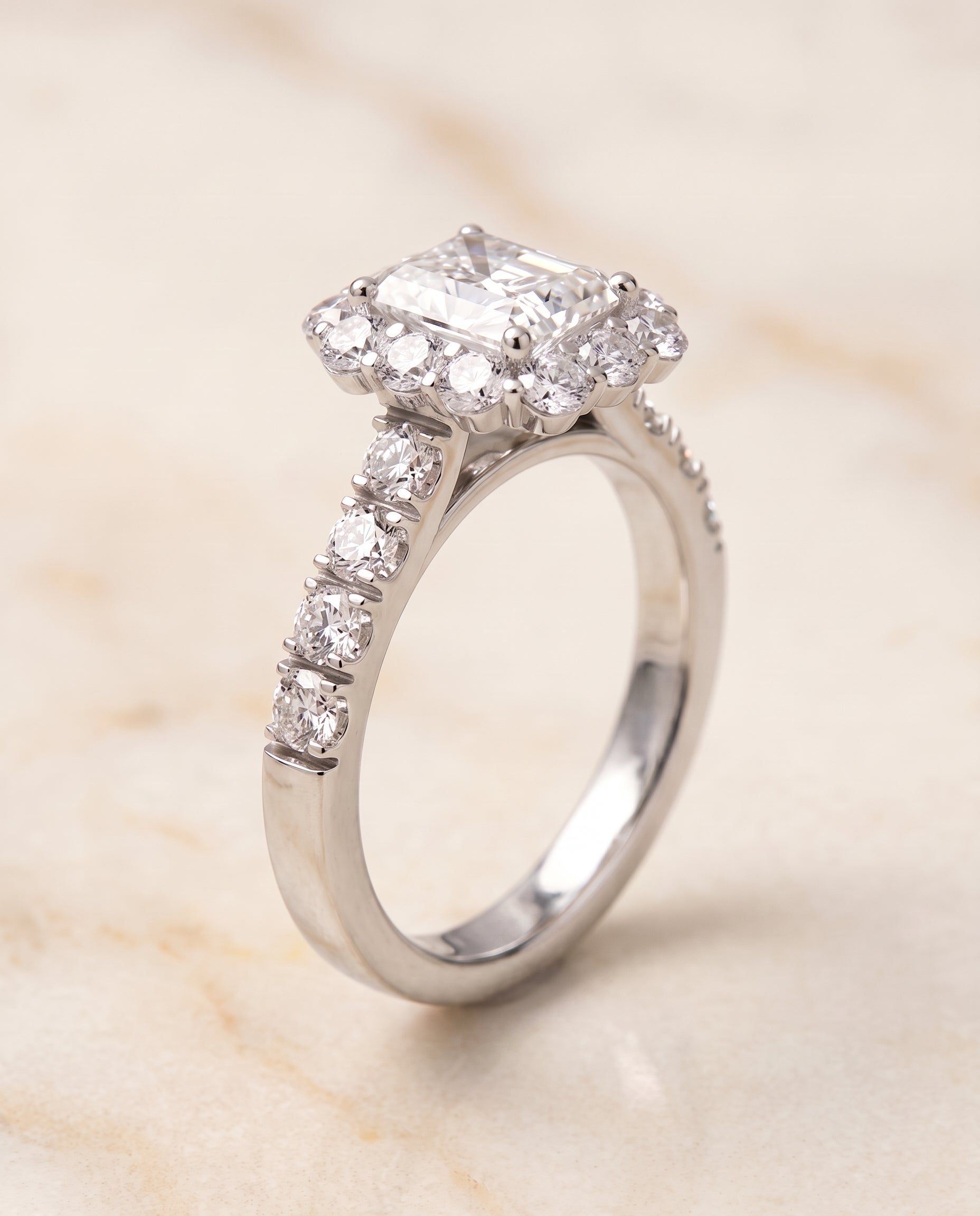 Luxe French Pavé Halo Cut styling on The Alannah radiant engagement ring setting | RockHer