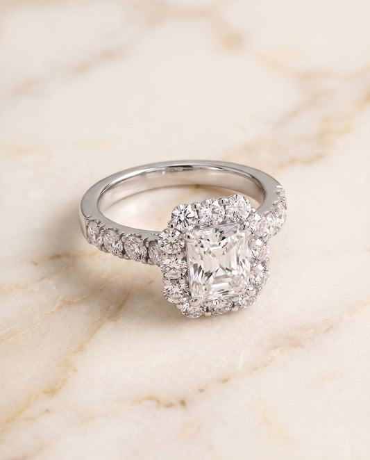 The Alannah Luxe French Pavé Halo Radiant Cut Engagement Ring Setting in 18K White Gold