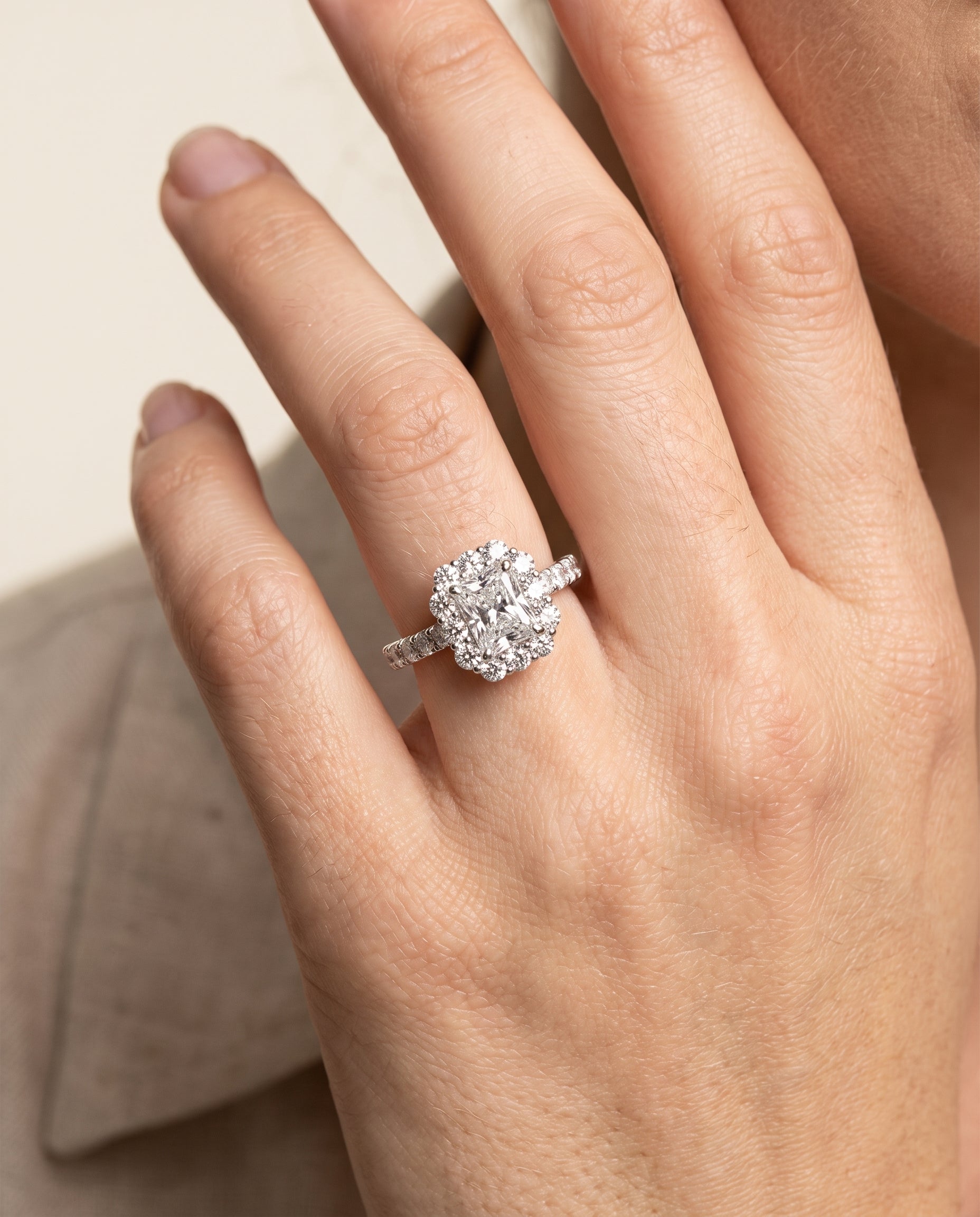 The Alannah engagement ring setting in Platinum, luxe french pavé halo cut design | RockHer