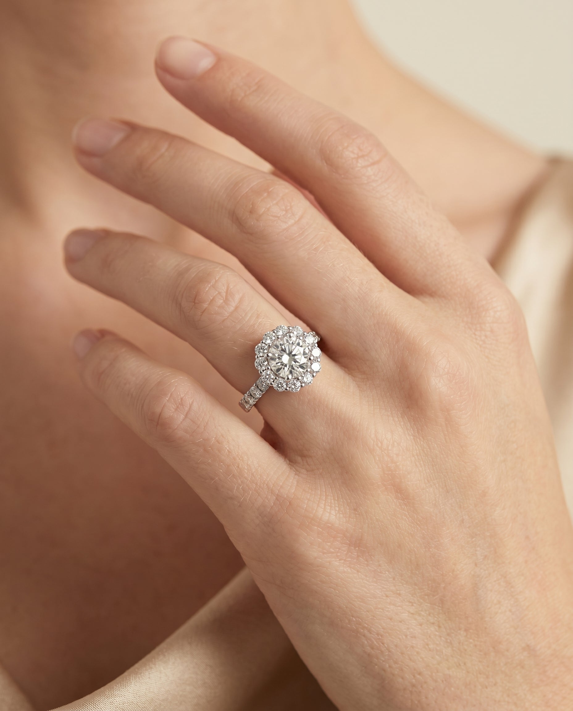 The Alannah engagement ring setting in Platinum, luxe french pavé halo cut design | RockHer