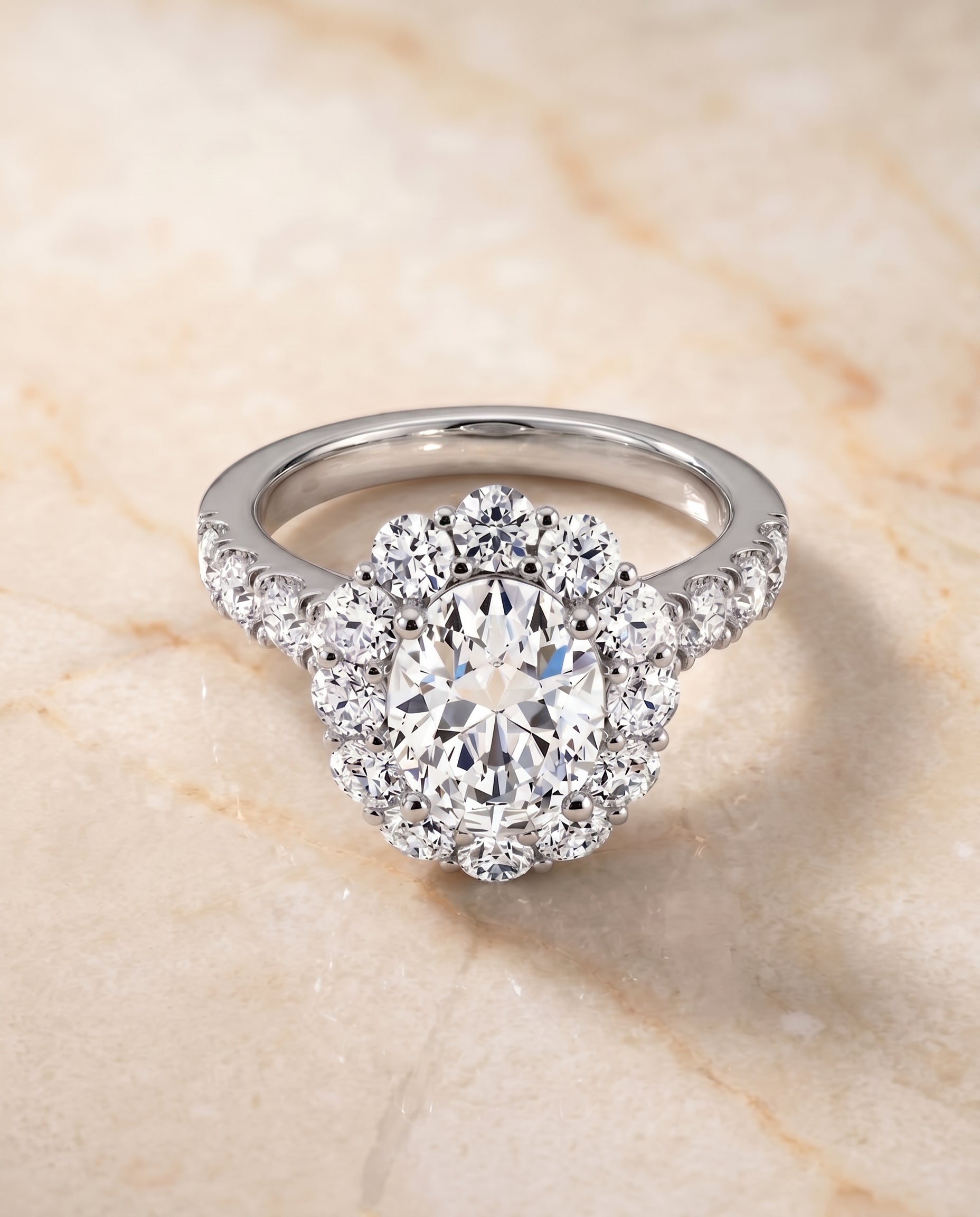 The Alannah Halo Engagement Ring Setting for Oval Diamonds in Platinum