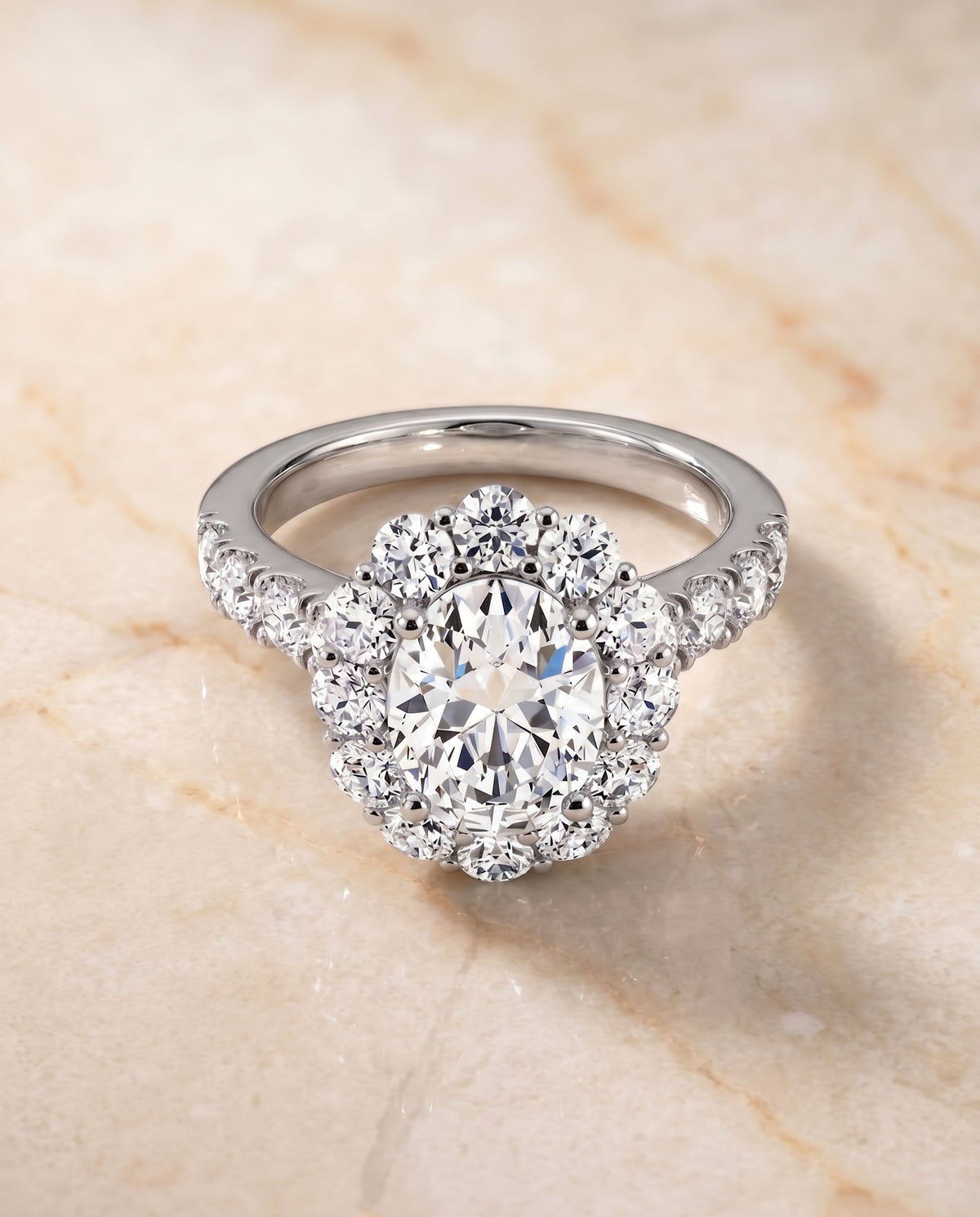 Alannah Select Halo Oval Lab Diamond Engagement Ring in 18K White Gold, shown on hand, angled | RockHer