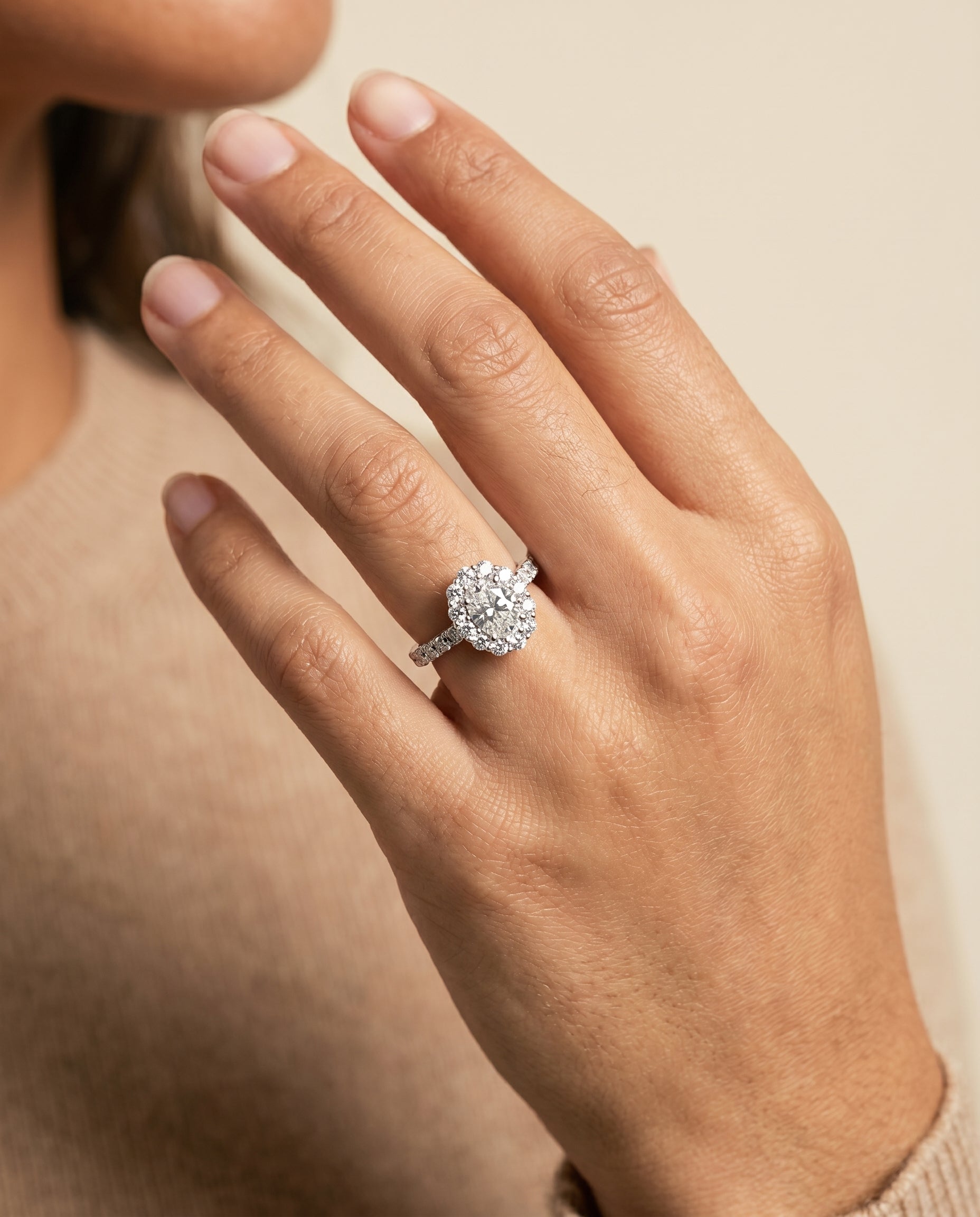 The Alannah engagement ring setting in Platinum, luxe french pavé halo design | RockHer