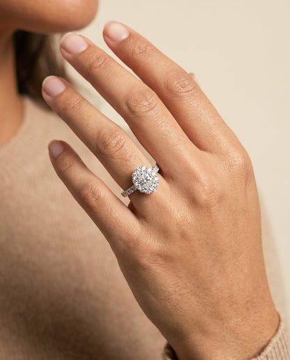 Alannah Select Halo Oval Lab Diamond Engagement Ring in Platinum, shown on hand | RockHer