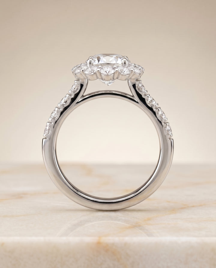 The Alannah Halo Engagement Ring Setting for Oval Diamonds in Platinum