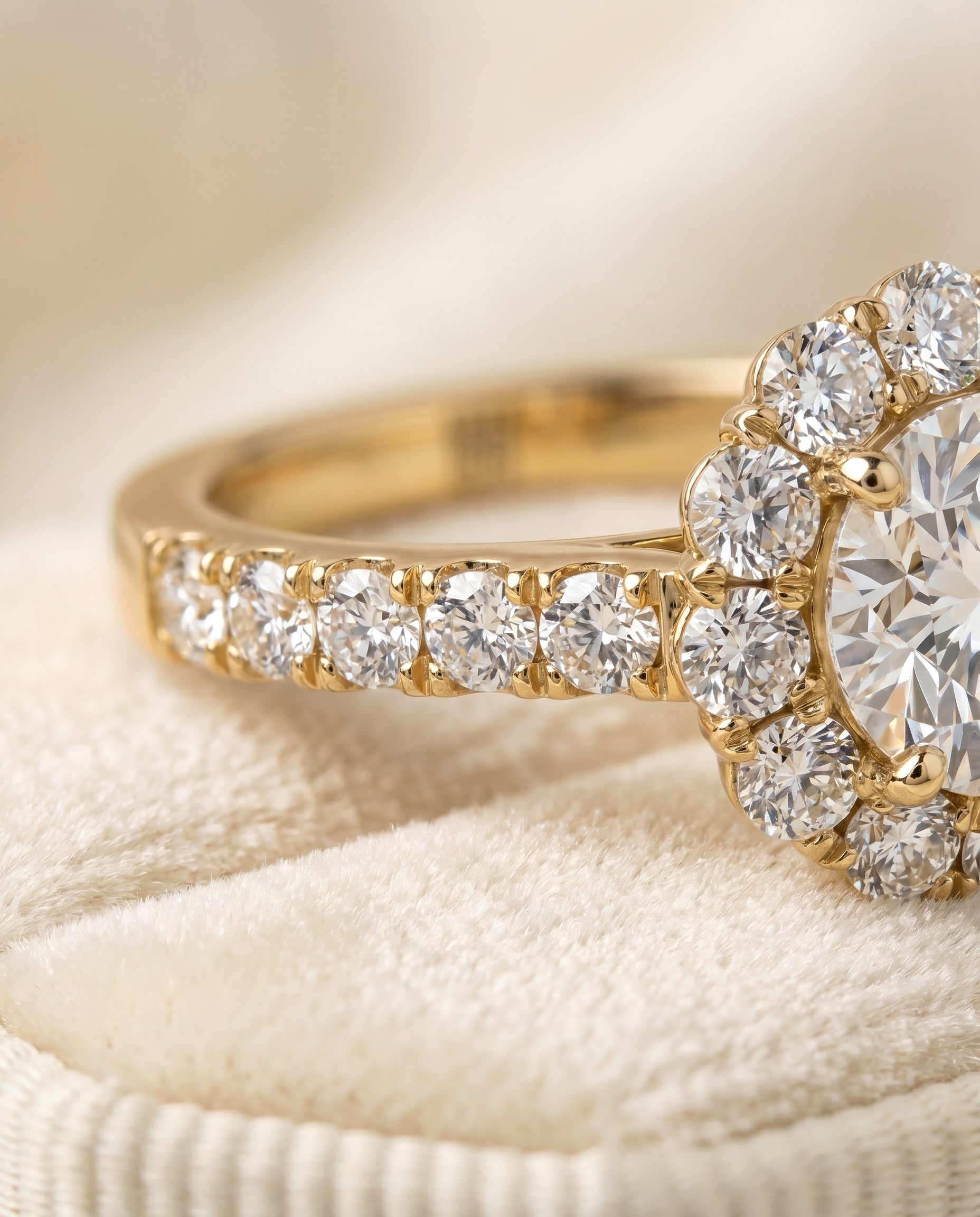 Alannah Select Halo Round Lab Diamond Engagement Ring in 18K Yellow Gold, detail view | RockHer