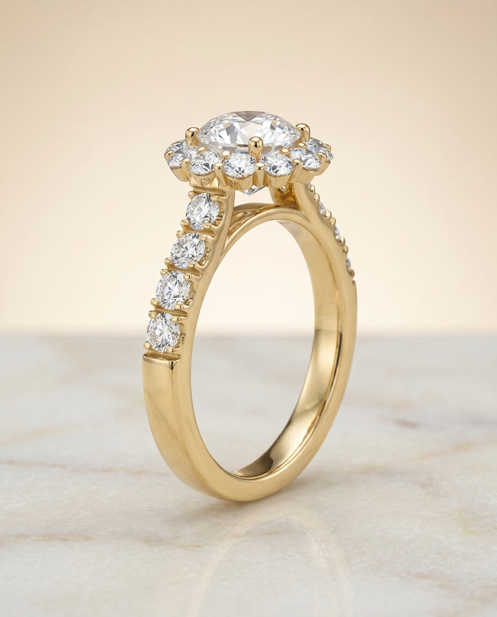 The Alannah Pavé Halo Engagement Ring Setting for Round Diamonds in 18K Yellow Gold