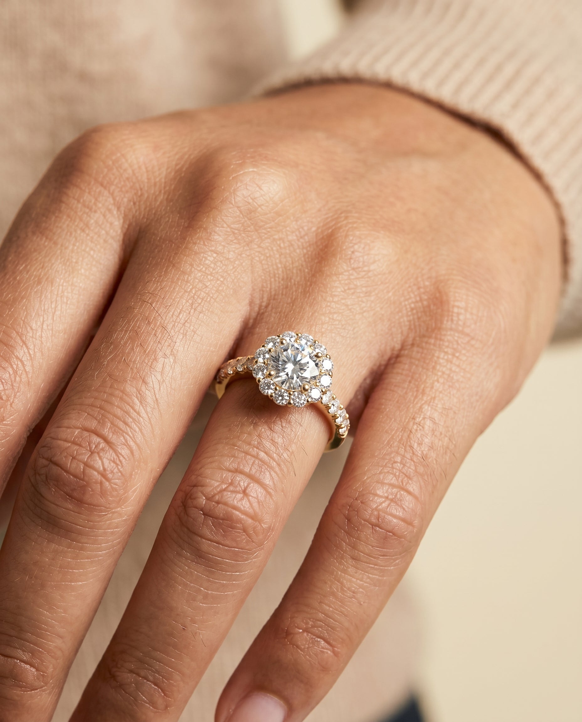 The Alannah engagement ring setting in 18K Yellow Gold, luxe french pavé halo design | RockHer