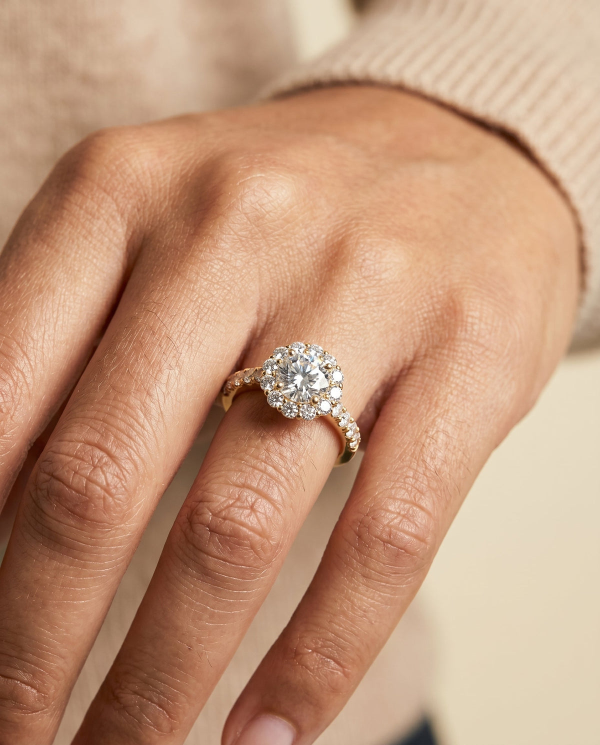 Alannah Select Halo Round Lab Diamond Engagement Ring in 18K Yellow Gold, shown on hand | RockHer