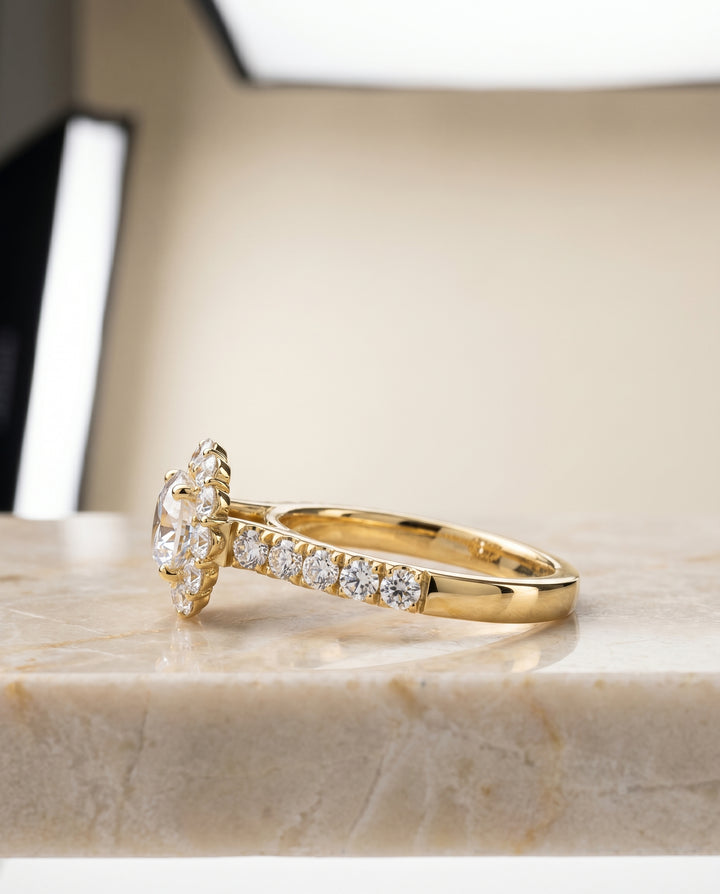 The Alannah Pavé Halo Engagement Ring Setting for Round Diamonds in 18K Yellow Gold