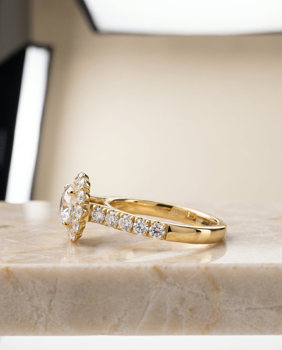 Alannah Select Halo Round Lab Diamond Engagement Ring in 18K Yellow Gold, side view | RockHer