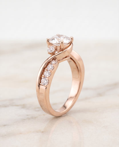 The Alice Twisted Three Stone Round Engagement Ring Setting in 14K Rose Gold