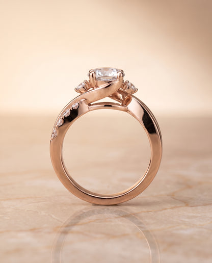 The Alice Twisted Three Stone Round Engagement Ring Setting in 14K Rose Gold