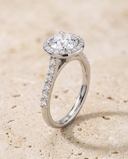 The Alicia Shared Prong Halo Round Engagement Ring Setting in Platinum