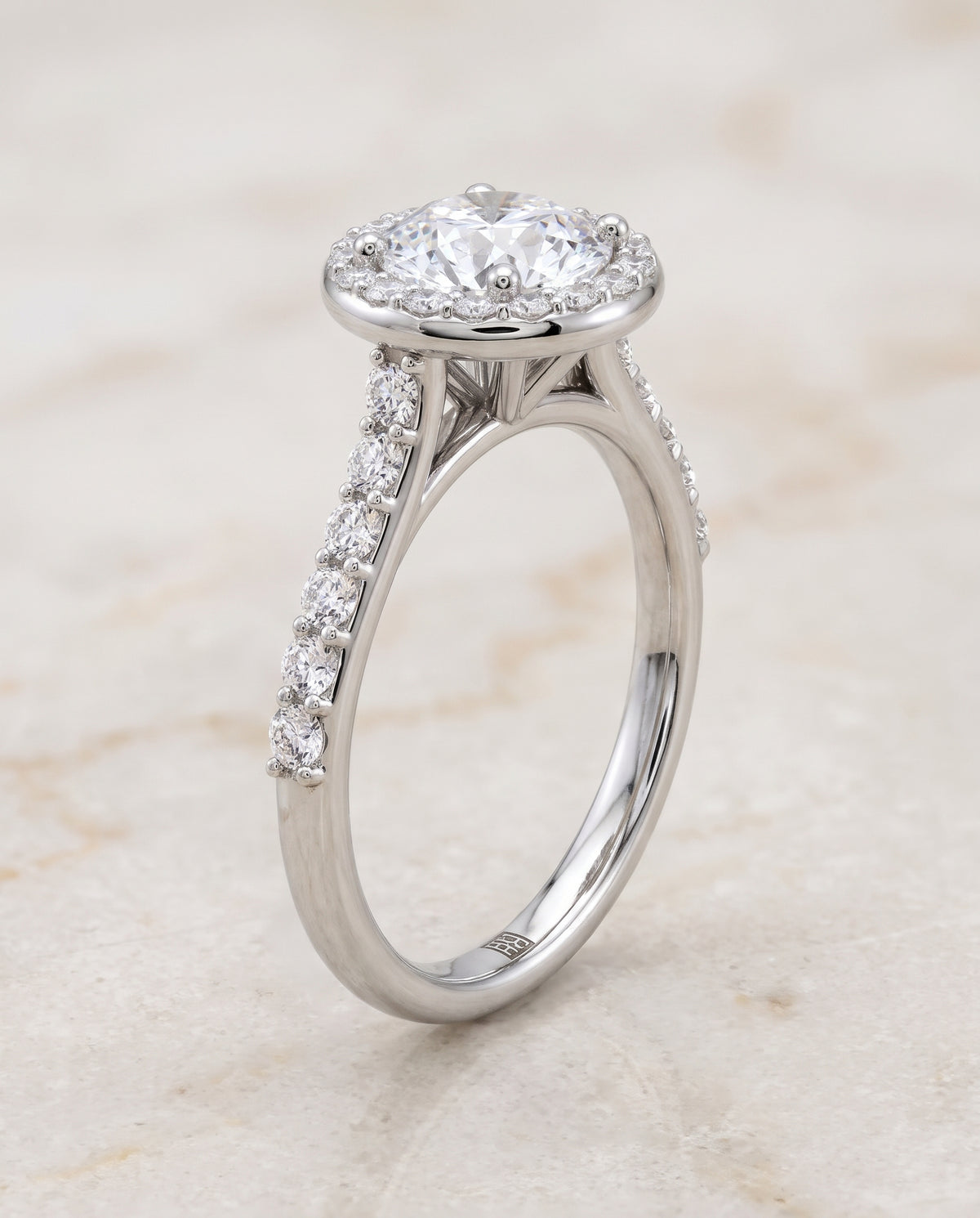 The Alicia Shared Prong Halo Round Engagement Ring Setting in Platinum