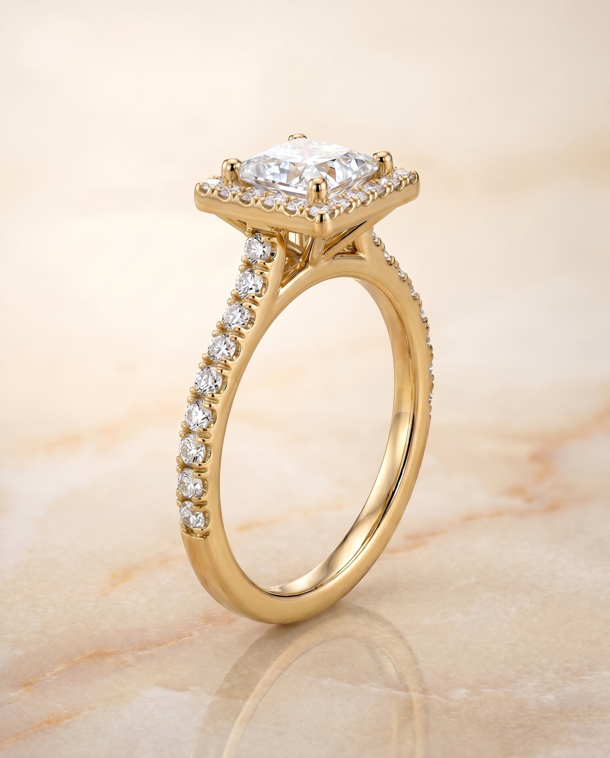 Shared Prong Pavé Halo styling on The Allegra princess engagement ring setting | RockHer